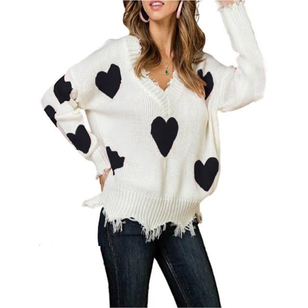 MOD Boutique Ragged Fringe Hem Heart Sweater